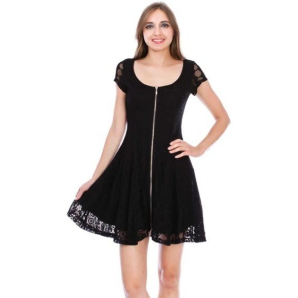 VO-Coquette Crochet Eyelet Zip Front Black Wedding Guest Small Dress - Picture 1 of 8